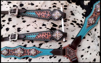 Showman Cheetah overlay with teal accent Leather One Ear headstall and breastcollar set #3